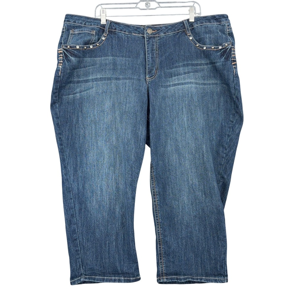 Cato Contemporary Women‎ 22W Cotton Blend Blue Denim Embellished Capris